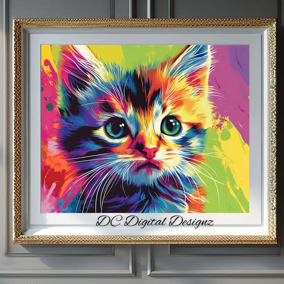 Animal Wall Art Wall Art Cute Kitten Pop Art Style Print Whimsical Colorful Cat Artwork Instant Home Decor