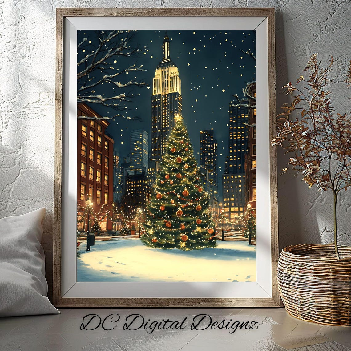 New York Christmas Tree Night Skyscraper Snowy Evening Poster