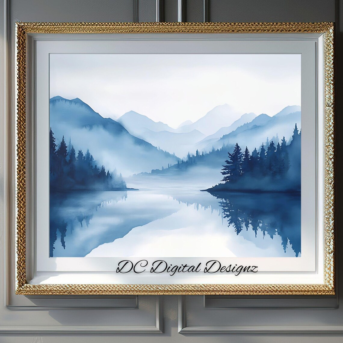 Misty Blue Mountain Lake with Pine Shores Watercolor Serene Poster