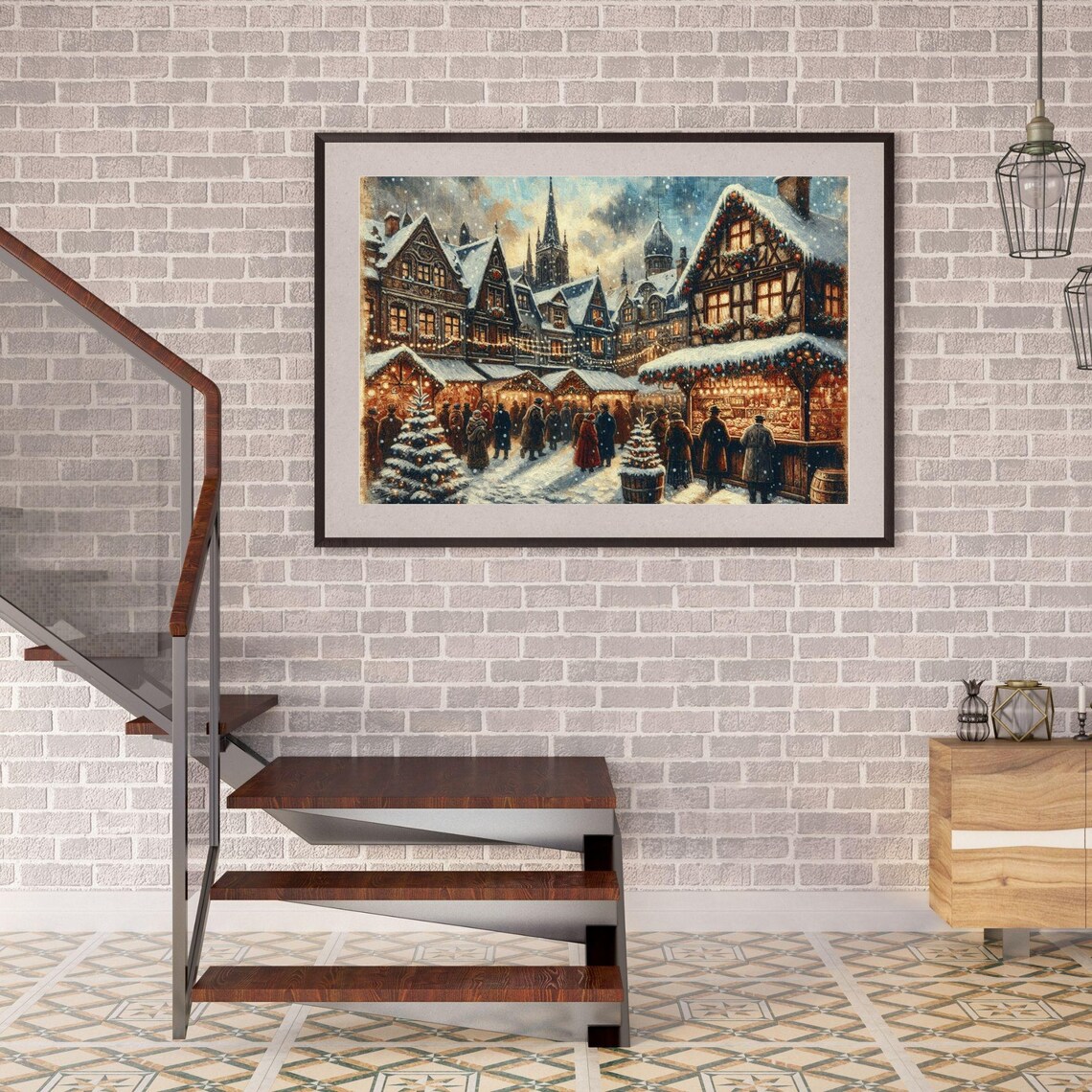 1920s Vintage Christmas Market Snow Stalls European Old Town Poster - Image 2
