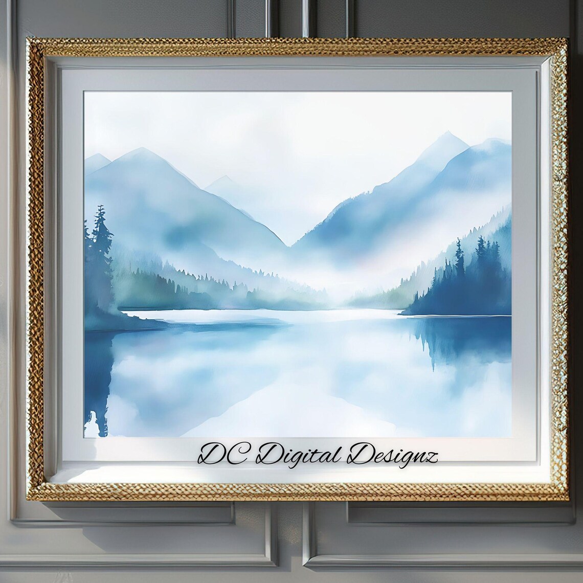 Foggy Blue Mountain Valley Lake with Pale Peaks Watercolor Poster