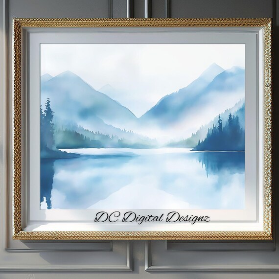Foggy Blue Mountain Valley Lake with Pale Peaks Watercolor Poster