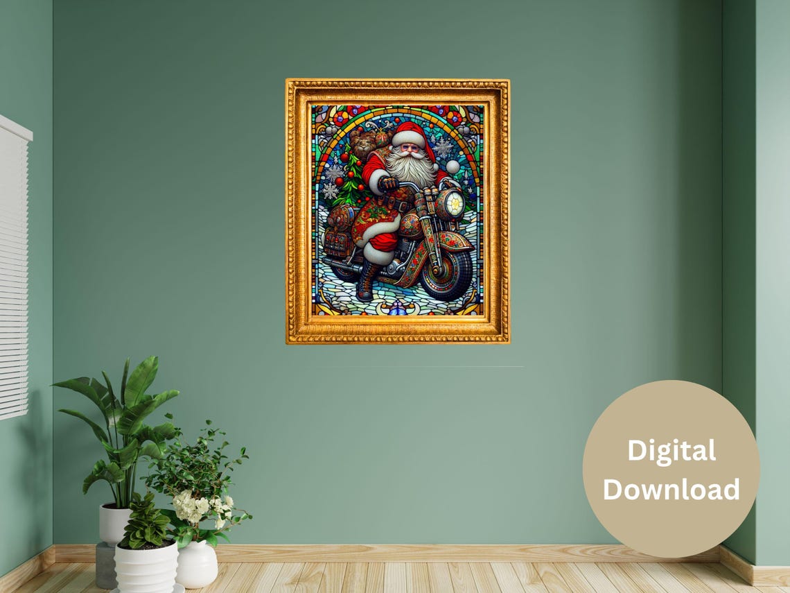Santa Claus Riding Motorcycle Stained Glass Biker Holiday Poster - Image 2