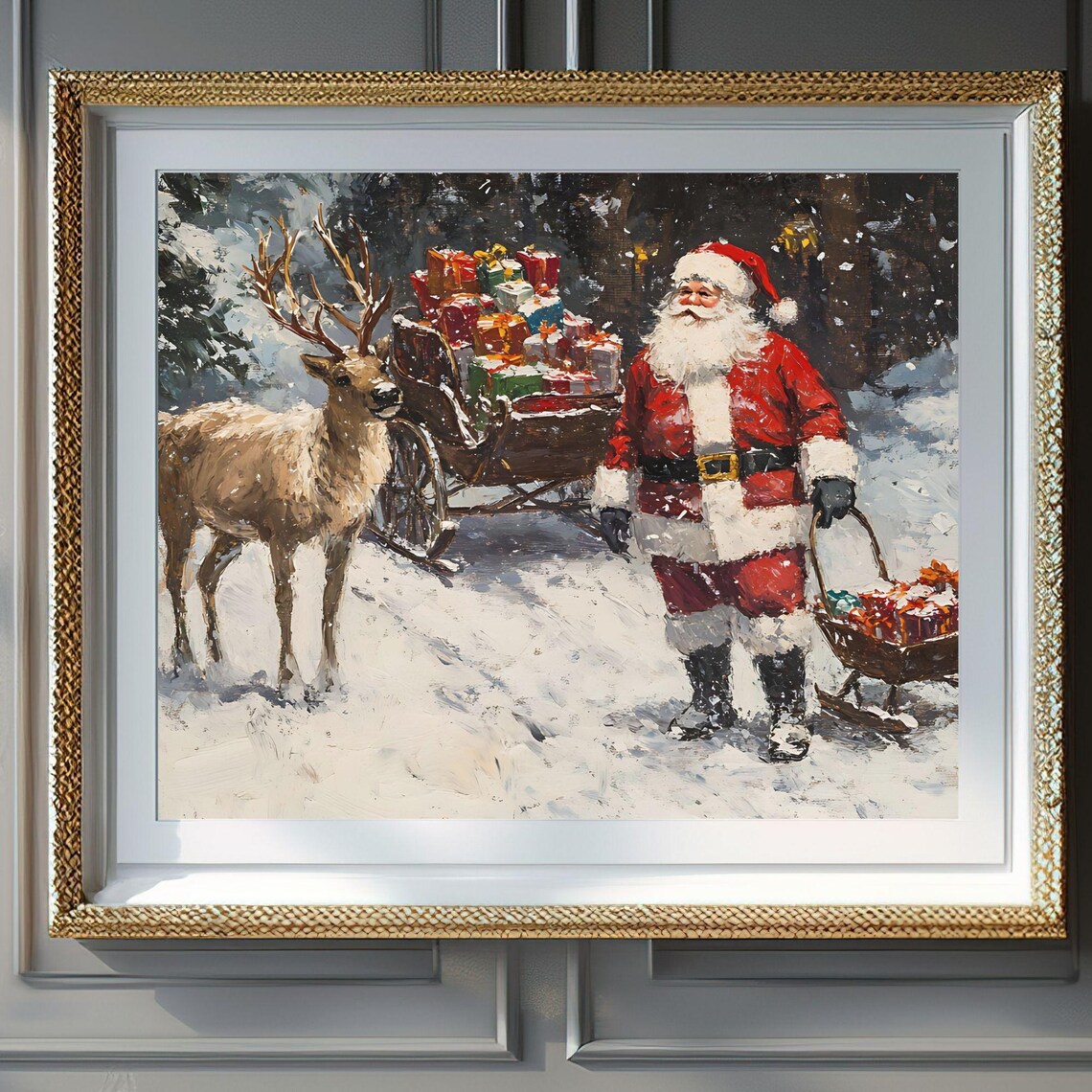 Vintage Santa Reindeer Gift Sleigh Snowy Night Oil Painting Poster