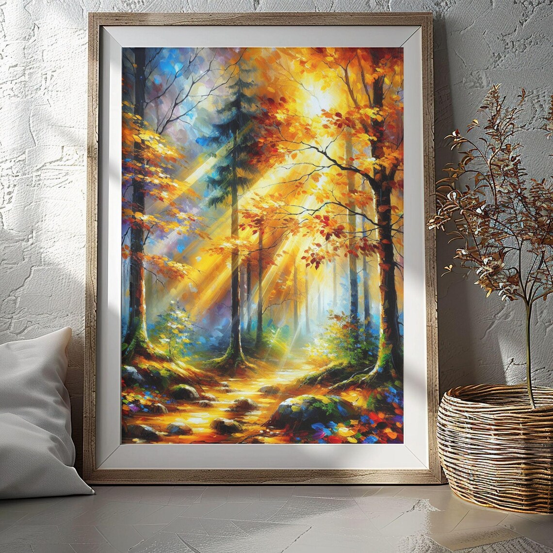 Autumn Forest Sunrise Acrylic Painting Golden Fall Trees Morning Light Poster