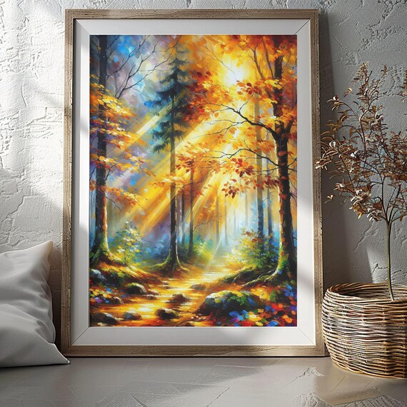 Autumn Forest Sunrise Acrylic Painting Golden Fall Trees Morning Light Poster
