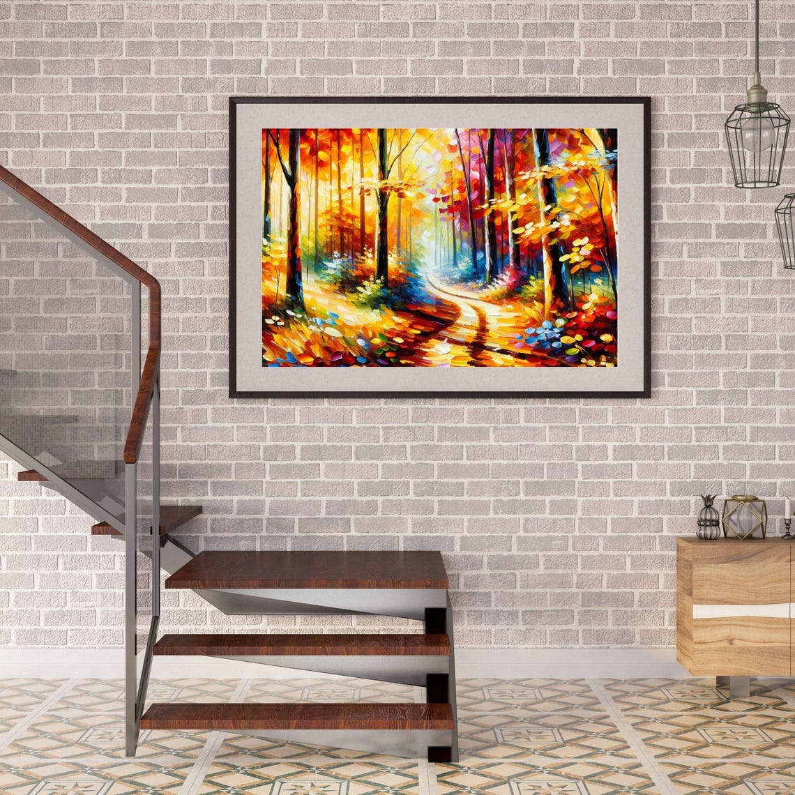 Glowing Autumn Forest Path Fall Foliage Palette Knife Painting Poster - Image 2
