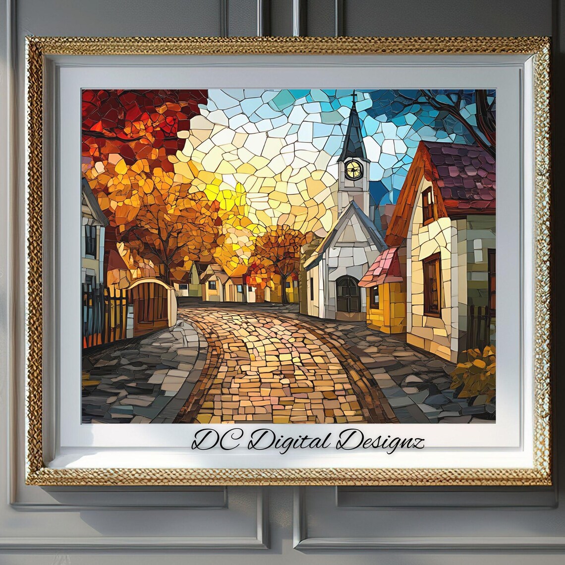 Stained Glass Church Cobblestone Street Autumn Village Poster