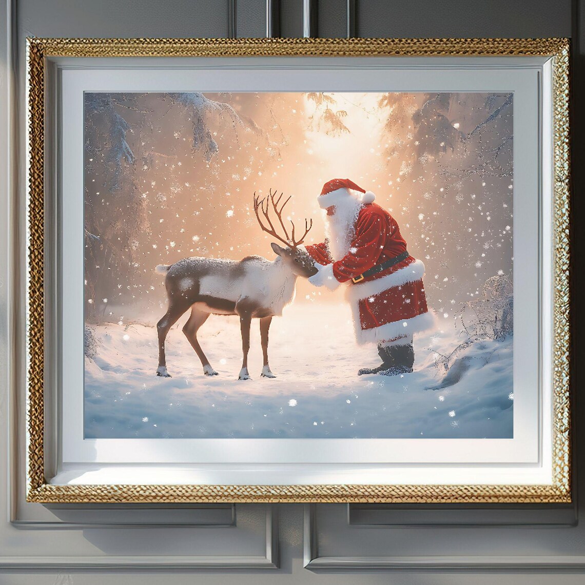 Santa Petting Reindeer Snowy Forest Golden Glow Christmas Poster
