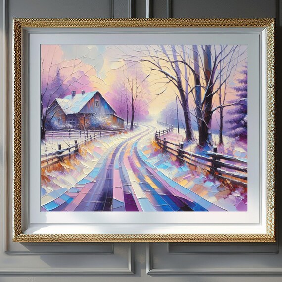 Snowy Country Road to Pastel Barn Winter Morning Scenic Poster