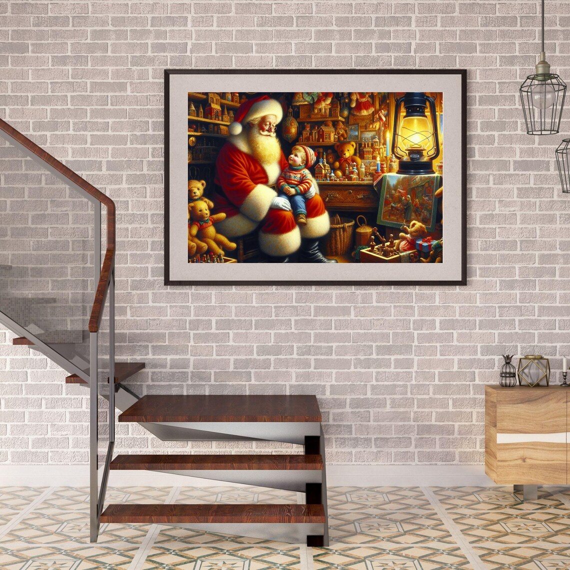 Santa Claus With Child On Lap Vintage Toy Workshop Christmas Poster - Image 2