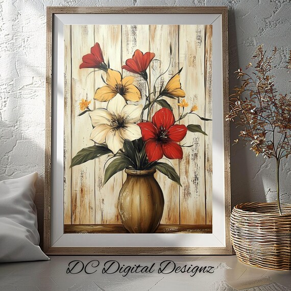 Farmhouse Wildflower Bouquet in Clay Jug Rustic Country Floral Poster