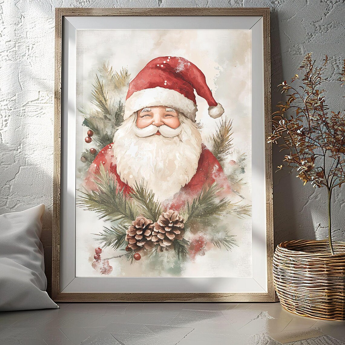 Smiling Santa Claus with Pine Branches Berries and Pinecones Poster