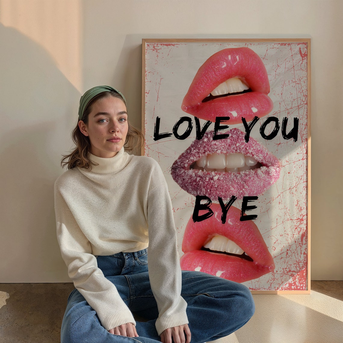 Love You Bye Lips Poster Pink Glossy Lips Collage Girly Coquette Decor - Image 3