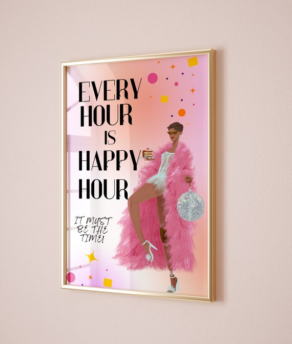 Happy Hour Poster Bar Cart Art Preppy Aesthetic Trendy Illustration Print Funny Girly Wall Decor Pink Retro Wall Art