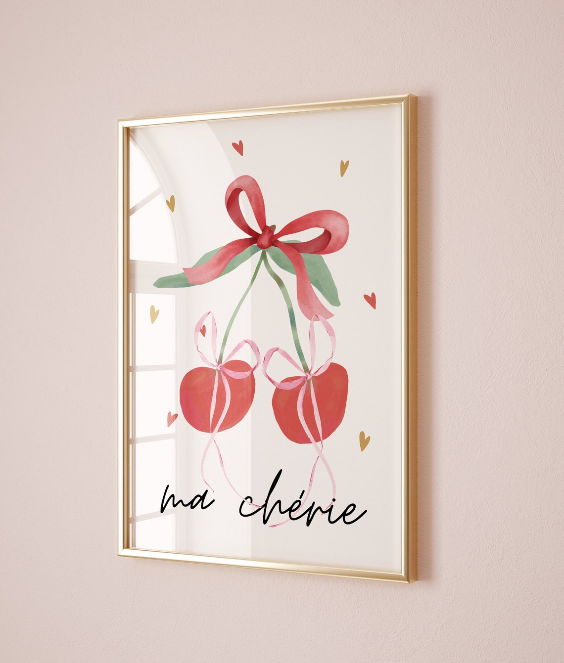 Ma Cherie Watercolor Cherry Poster Red Bow Script Hearts Decor