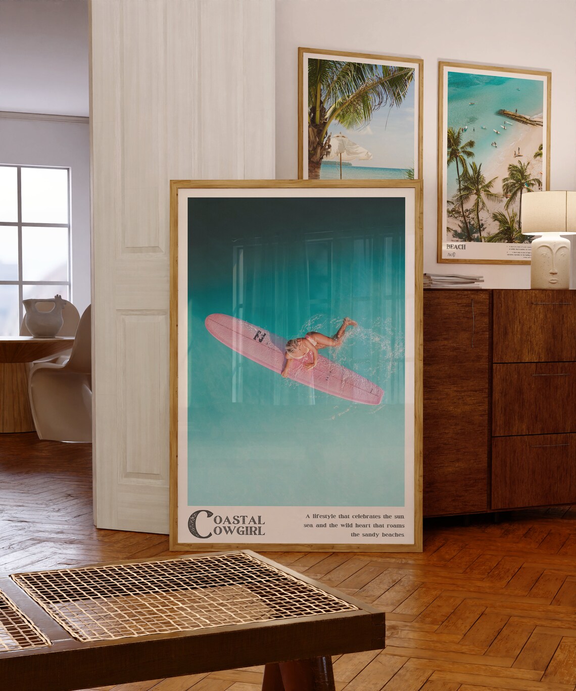 Coastal Cowgirl Surfer Girl Pink Longboard Aerial Photo Poster - Image 3