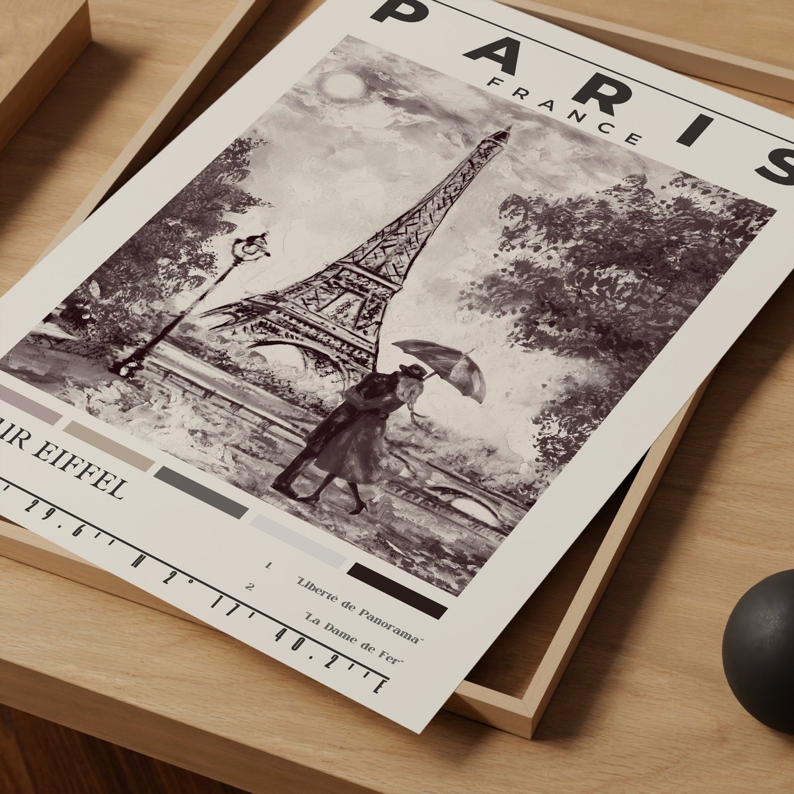 Paris France Eiffel Tower Umbrella Couple Black White Oil Poster - Image 2