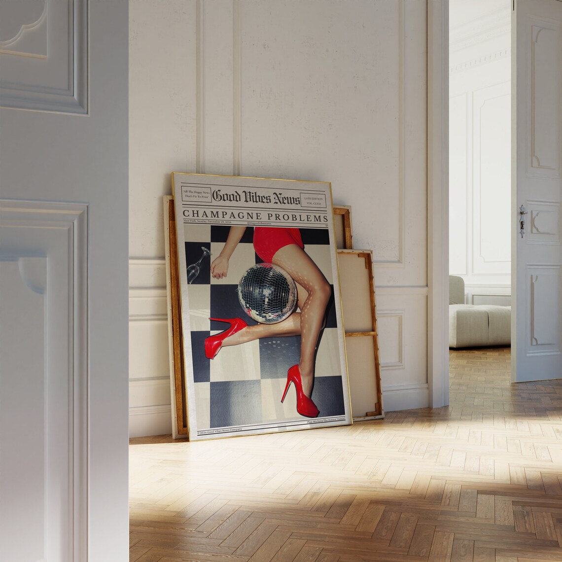 Champagne Problems Newspaper Poster Disco Glam Red Dress Heels Party Art - Image 3