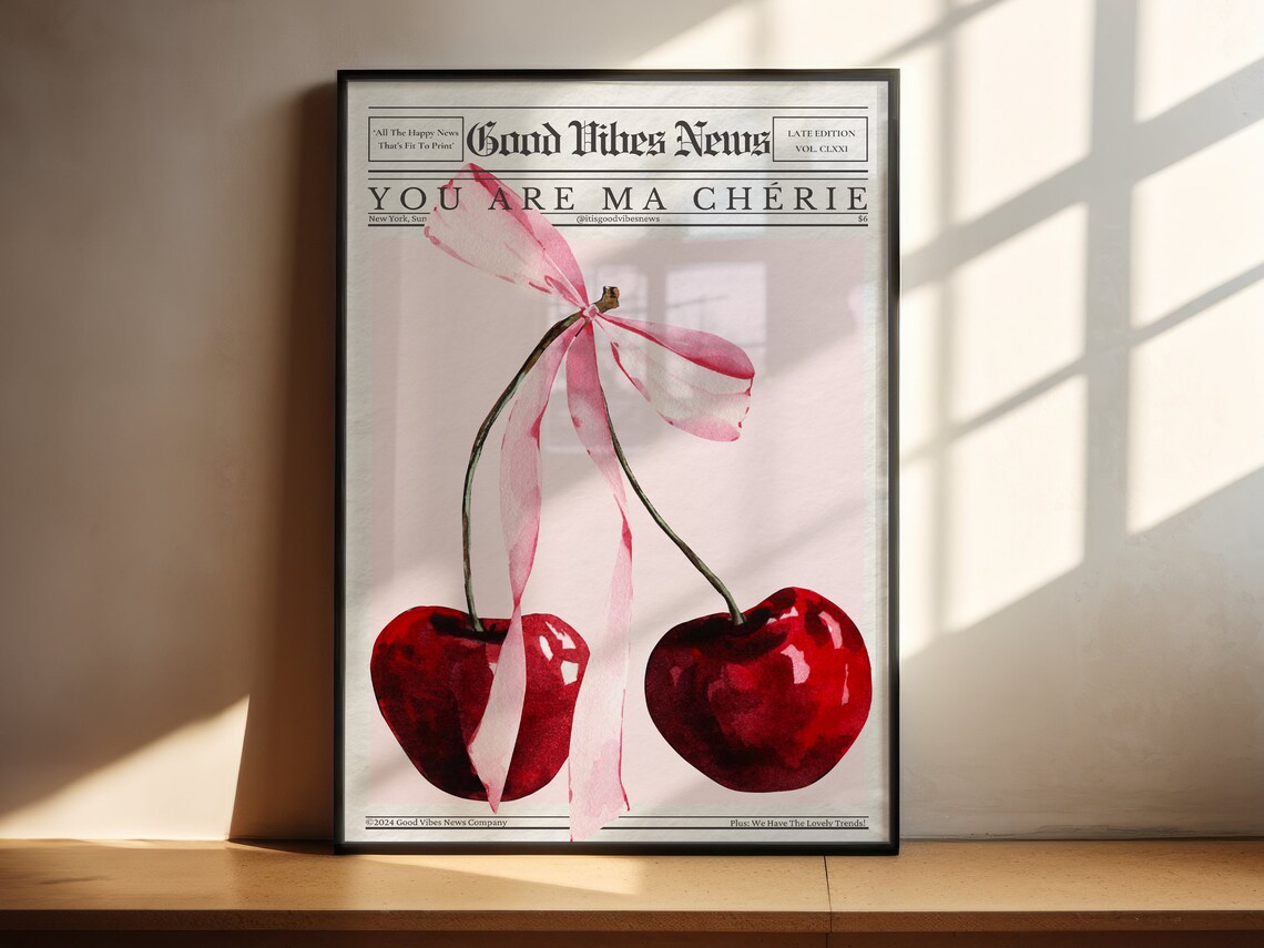 Trendy Cherries Bow Print, Coquette Room Decor - Image 2