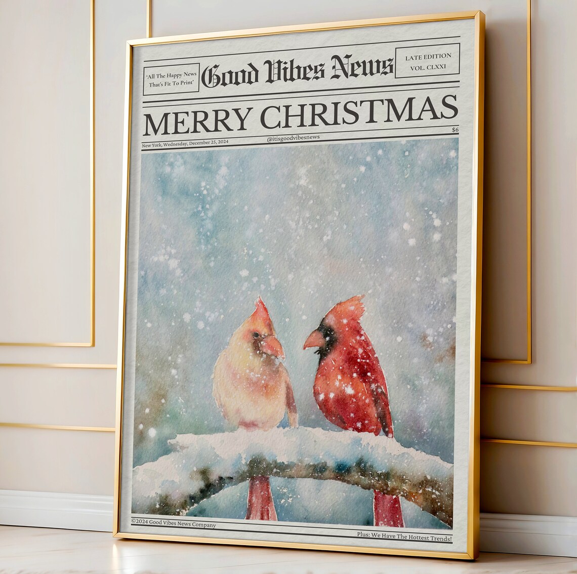 Merry Christmas Newspaper Poster Watercolor Cardinals Snowy Branch Artwork - Image 3