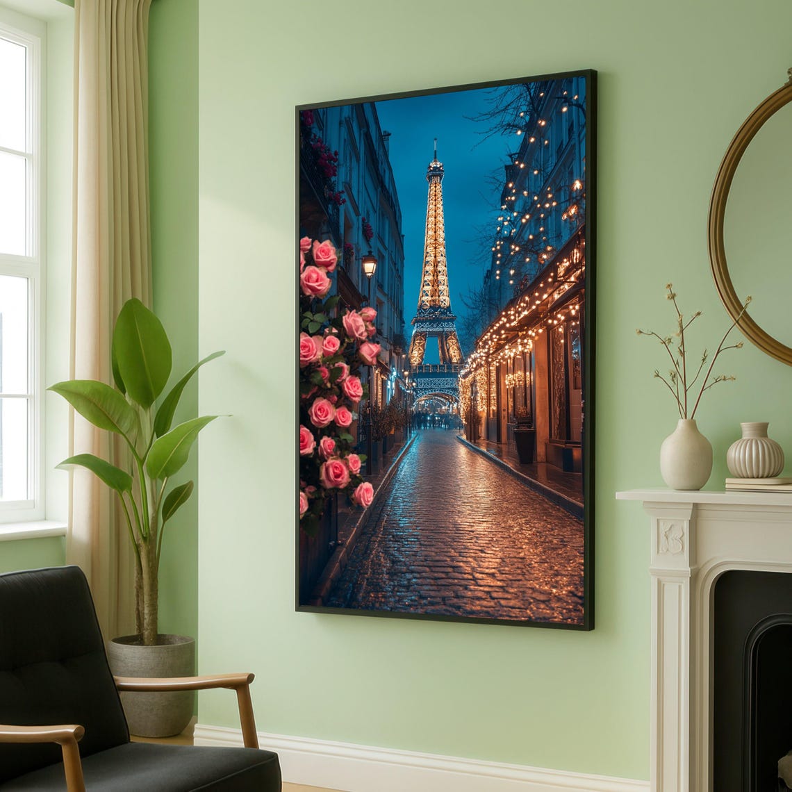 Illuminated Eiffel Tower Paris Night Street Roses Romantic City Poster