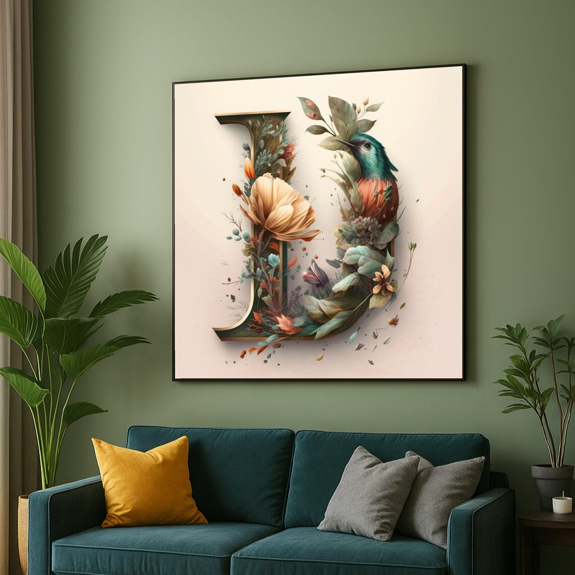 Letter J Colorful Bird Floral Alphabet Botanical Canvas Wall Art