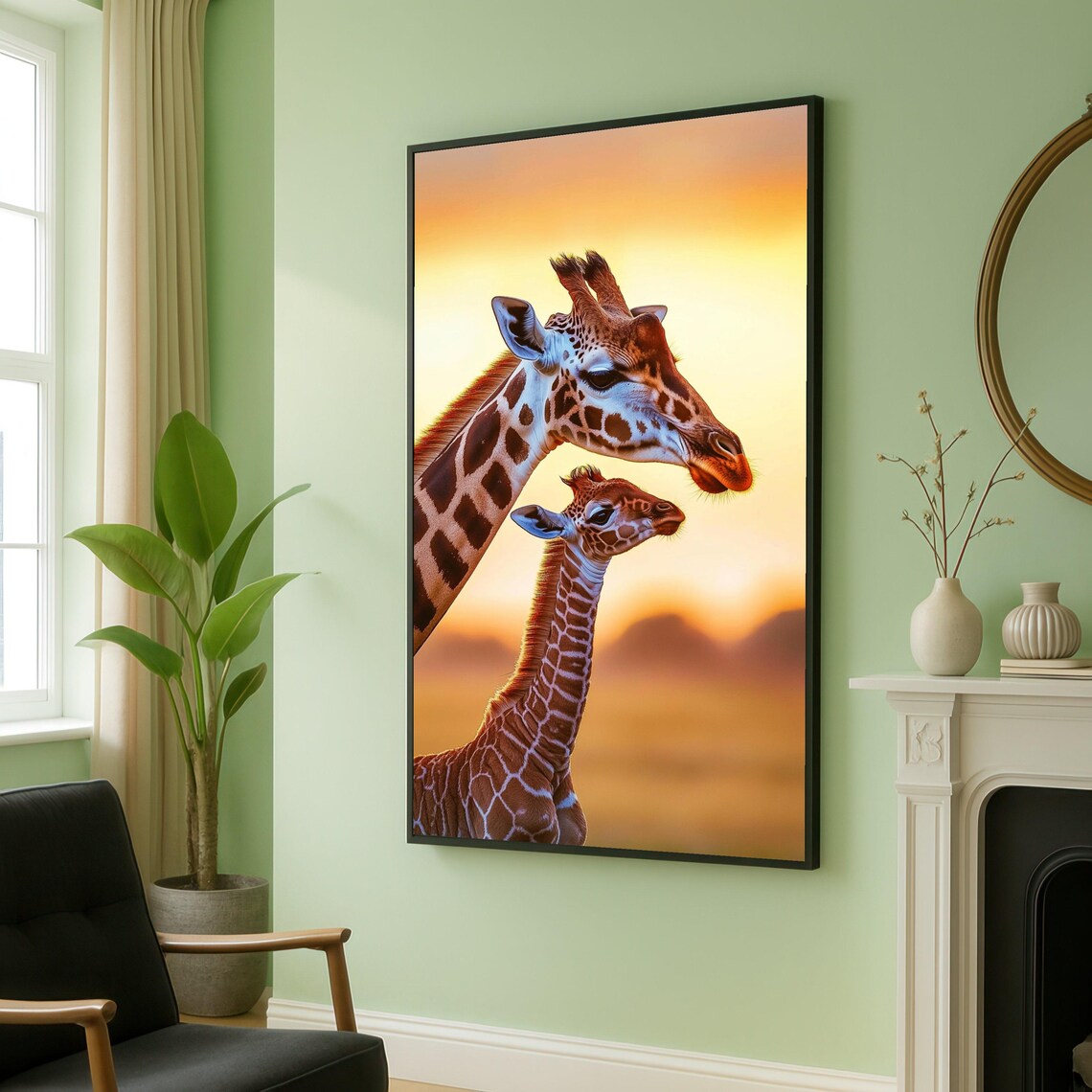 Giraffe Mother and Calf Together at Golden African Sunset Poster