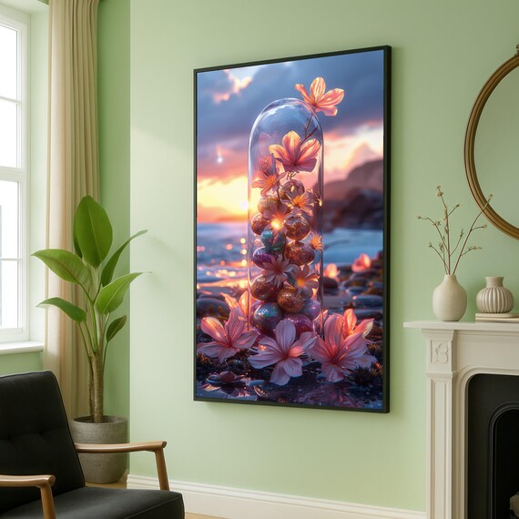Enchanted Floral Glow Glass Dome Canvas Sunset Botanical Wall Art Mystical Flowers Nature Light Illustration Home Decor