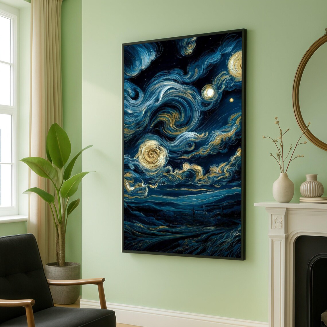 Starry Night Swirling Sky Canvas Blue and Gold Night Sky Wall Art