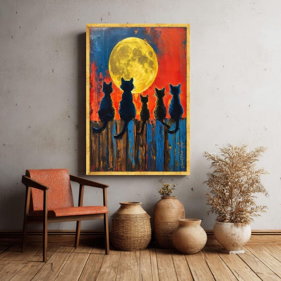 Five Cats Silhouette Canvas Full Moon Wall Art Rustic Wooden Fence Decor Night Sky Painting Colorful Abstract Cat Artwork