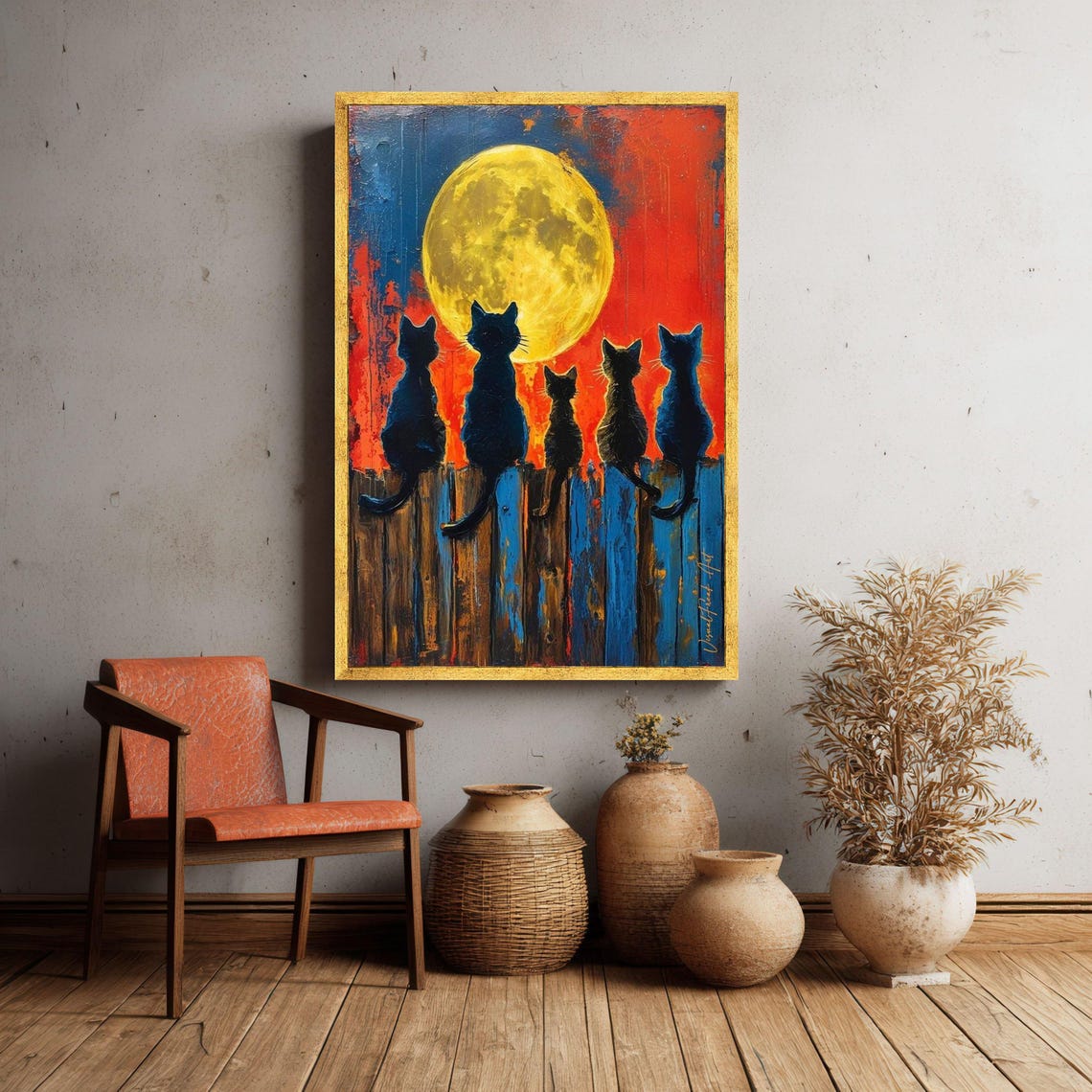 Five Cats Under Big Moon Silhouettes on Rustic Fence Night Poster