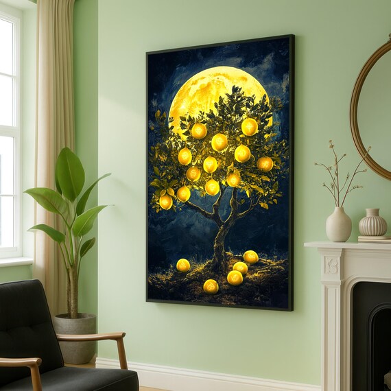 Glowing Lemon Tree Under A Full Moon Surreal Night Art Poster
