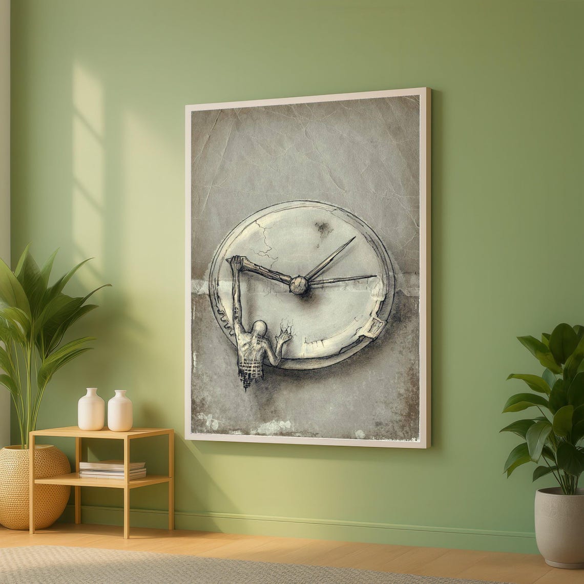 Surreal Time Struggle Figure Holding Broken Clock Vintage Style Poster