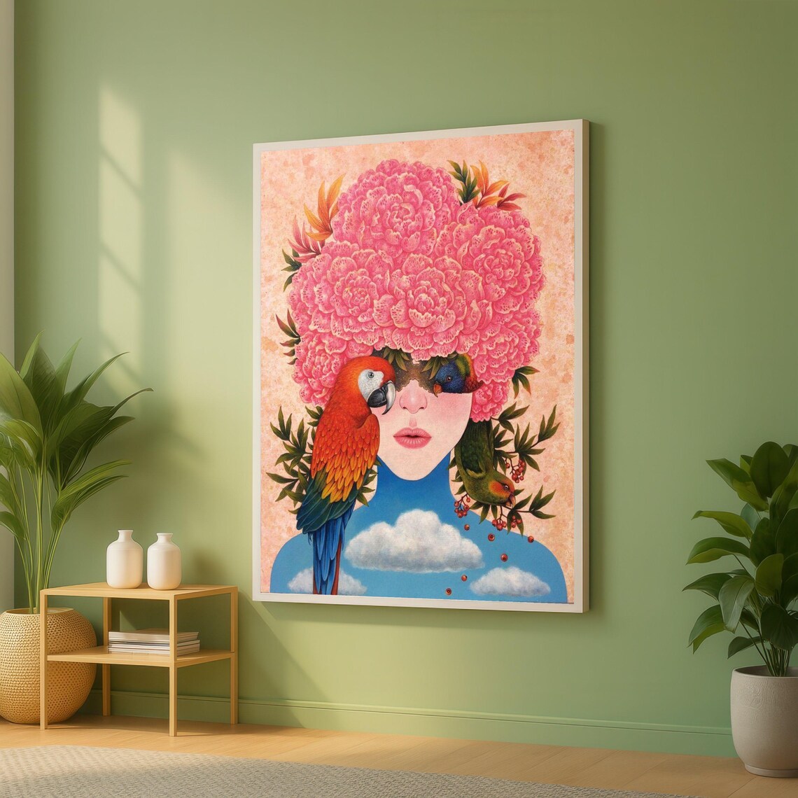 Surreal Pink Peony Flower Crown Woman With Parrot Art Poster