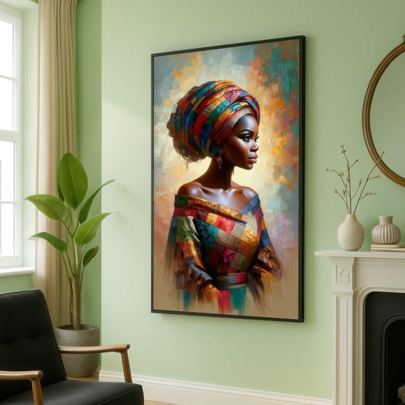 Elegant African Woman Portrait Canvas Colorful Headwrap Wall Art Modern Ethnic Home Decor Oil Painting Style