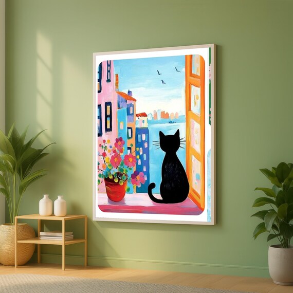 Black Cat in Colorful Window Watching Cityscape Floral Poster