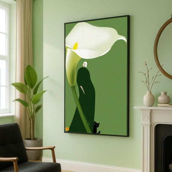 Minimalist White Calla Lily and Black Cat Elegant Floral Poster