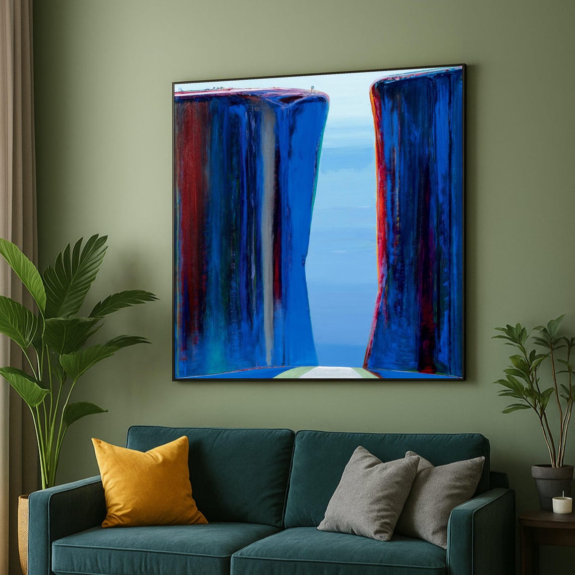 Abstract Blue Canyon Waterfall Painting Modern Colorful Art Poster