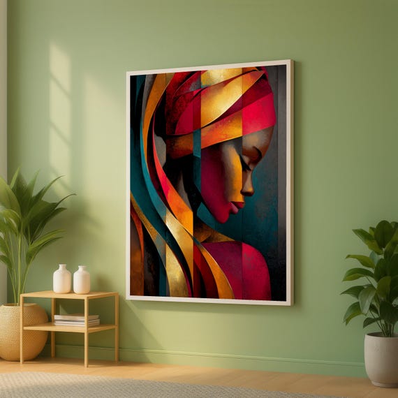 Abstract African Woman Profile Canvas Colorful Geometric Portrait Modern Ethnic Wall Art Contemporary Home Decor Vibrant Face
