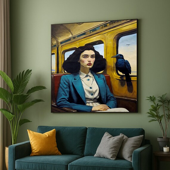 Woman In Blue Jacket Portrait Vintage Train Interior Canvas Rebecca Aldernet Art Figurative Wall Modern Classic Home