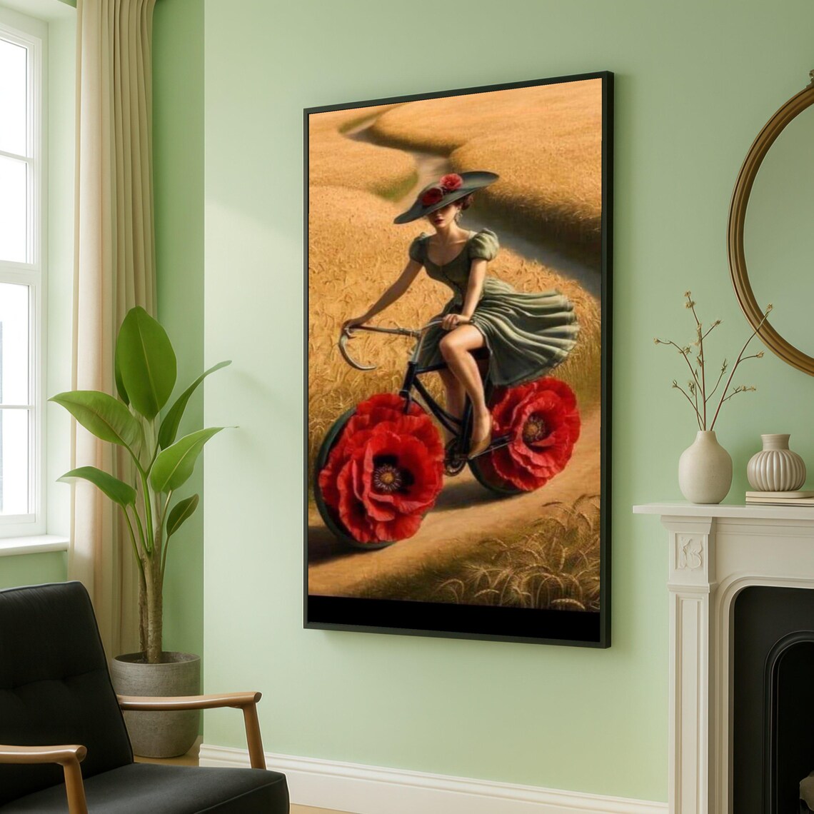 Woman On Bicycle With Red Poppy Wheels Poster Vintage Surreal