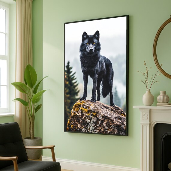 Majestic Black Wolf Canvas Wall Art Wildlife Nature Print Forest Animal Decor Wilderness Decoration Ready To Hang