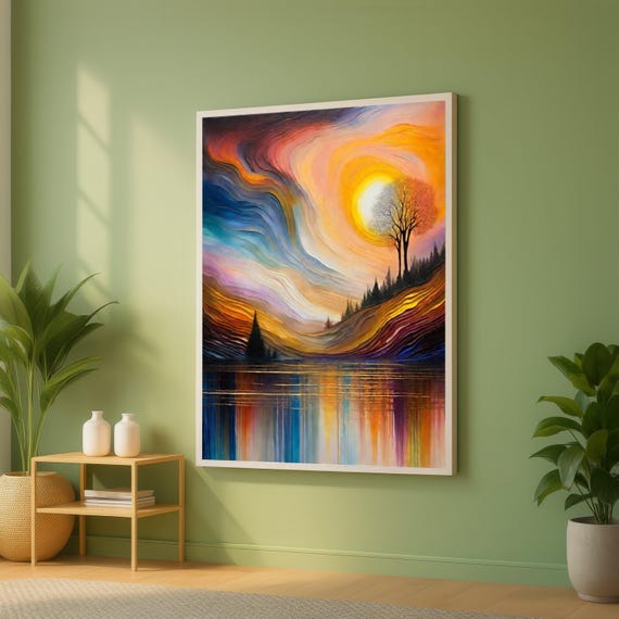 Abstract Sunset Landscape Canvas Colorful Nature Wall Art Tree Silhouette Painting Modern Home Decor Vibrant Lake Reflection