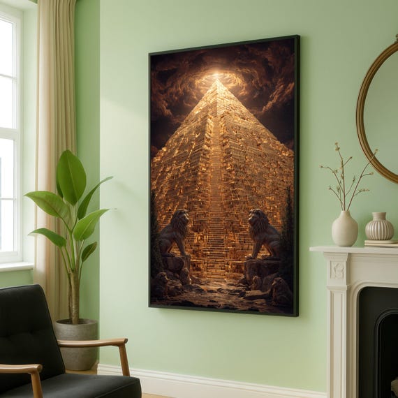 Golden Pyramid With Guardian Lions Canvas Ancient Architecture Wall Art Majestic Monument Decor Mystical Night Sky Home Decoration