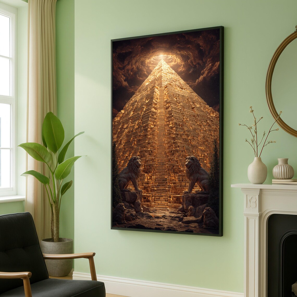 Golden Pyramid with Guardian Lions Mystical Night Sky Fantasy Poster