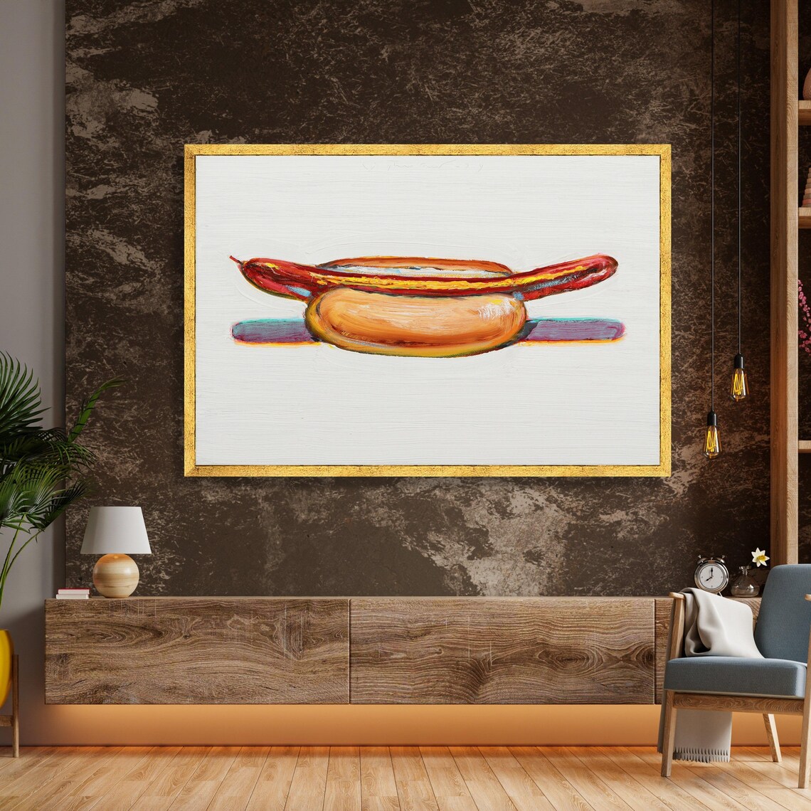 Colorful Hot Dog with Mustard Pop Art Style Food Painting Poster