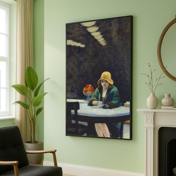 Woman in Yellow Hat Cafe Vintage Classic Figurative Oil Painting Print