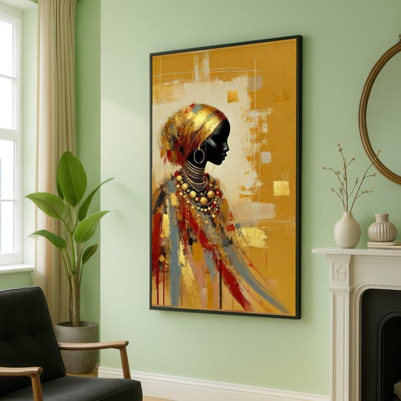 Elegant African Woman Portrait Canvas Gold Headwrap Wall Art Modern Ethnic Decor Tribal Jewelry Print Luxury Home Decoration