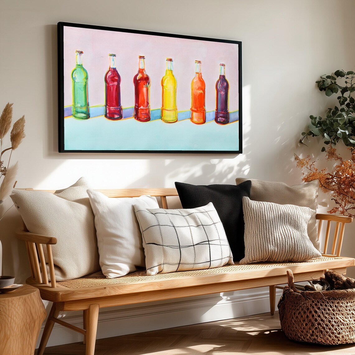 Row of Six Colorful Soda Bottles Pop Art Style Painting Poster